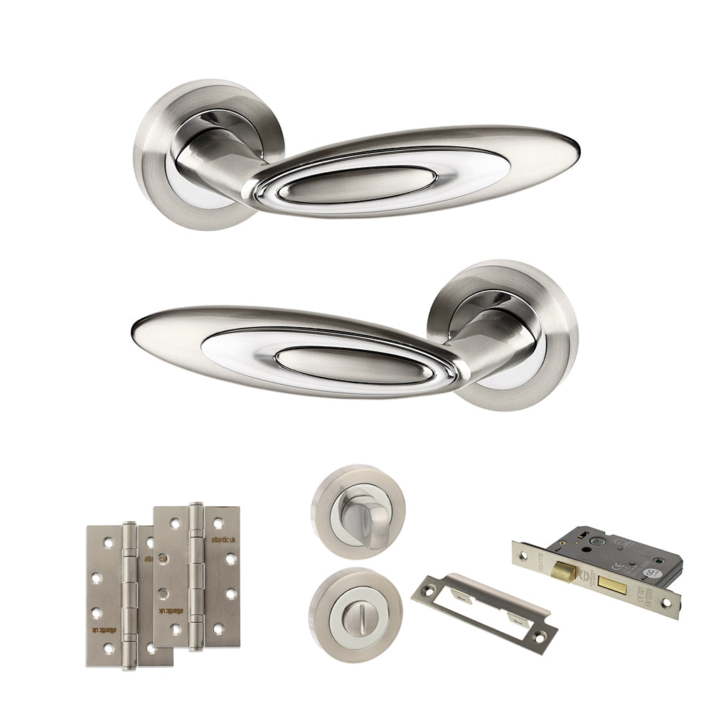 Quality image of Senza Pari Elisse Door Handle Pack (Bathroom Set - 3" CE Bathroom Lock, 4" Slim Knuckle Hinges x2) - Satin Nickel/Chrome Plate | Sku. adpspm222sncp13 | available from Trade Door Handles.