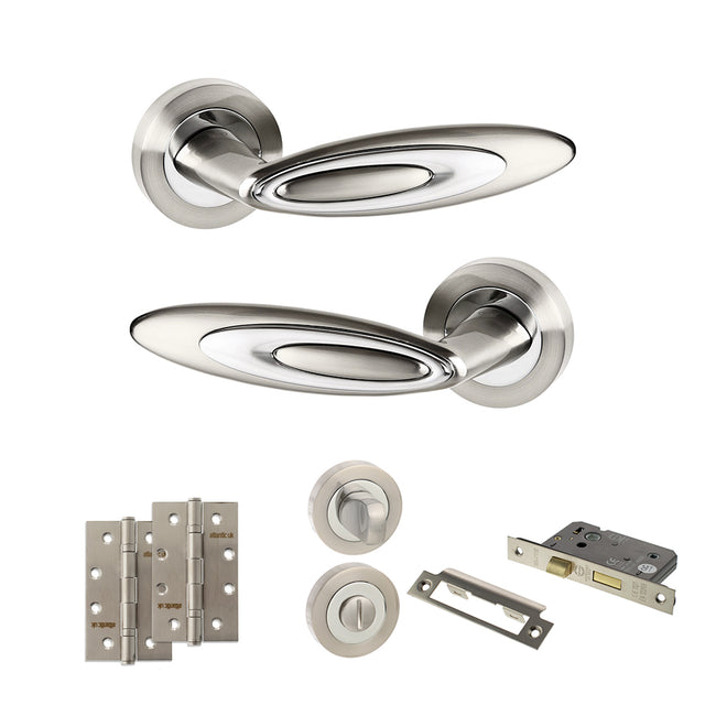 Quality image of Senza Pari Elisse Door Handle Pack (Bathroom Set - 3" CE Bathroom Lock, 4" Slim Knuckle Hinges x2) - Satin Nickel/Chrome Plate | Sku. adpspm222sncp13 | available from Trade Door Handles.