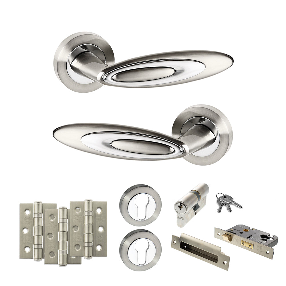 Quality image of Senza Pari Elisse Door Handle Pack (Euro Lock Set - 2.5" CE Sashlock, 3" Fire Rated Hinges x3) - Satin Nickel/Chrome Plate | Sku. adpspm222sncp20 | available from Trade Door Handles.