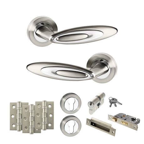 Quality image of Senza Pari Elisse Door Handle Pack (Euro Lock Set - 3" CE Sashlock, 3" Fire Rated Hinges x3) - Satin Nickel/Chrome Plate | Sku. adpspm222sncp21 | available from Trade Door Handles.