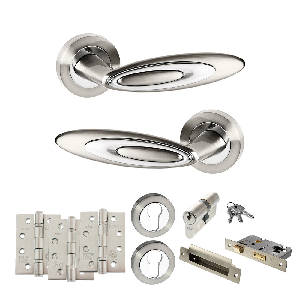 Quality image of Senza Pari Elisse Door Handle Pack (Euro Lock Set - 2.5" CE Sashlock, 4" Fire Rated Hinges x3) - Satin Nickel/Chrome Plate | Sku. adpspm222sncp22 | available from Trade Door Handles.