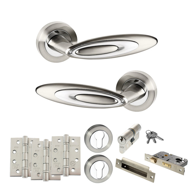 Quality image of Senza Pari Elisse Door Handle Pack (Euro Lock Set - 2.5" CE Sashlock, 4" Fire Rated Hinges x3) - Satin Nickel/Chrome Plate | Sku. adpspm222sncp22 | available from Trade Door Handles.