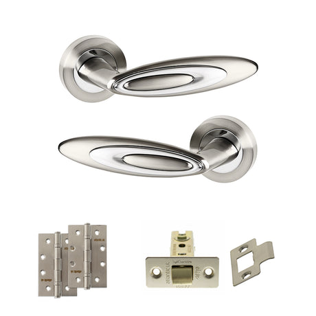 Quality image of Senza Pari Elisse Door Handle Pack (Latch Set - 2.5" CE Latch, 4" Slim Knuckle Hinges x2) - Satin Nickel/Chrome Plate | Sku. adpspm222sncp5 | available from Trade Door Handles.