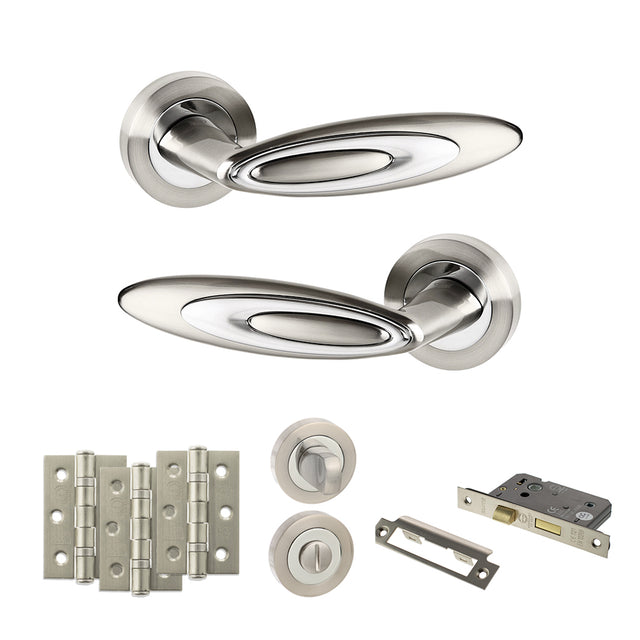 Quality image of Senza Pari Elisse Door Handle Pack (Bathroom Set - 3" CE Bathroom Lock, 3" Fire Rated Hinges x3) - Satin Nickel/Chrome Plate | Sku. adpspm222sncp9 | available from Trade Door Handles.