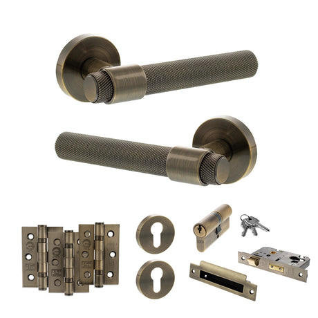 Quality image of Senza Pari Andretta Door Handle Pack (Euro Lock Set - 2.5" CE Sashlock, 3" Fire Rated Hinges x3) - Antique Brass | Sku. adpspr160ab20 | available from Trade Door Handles.