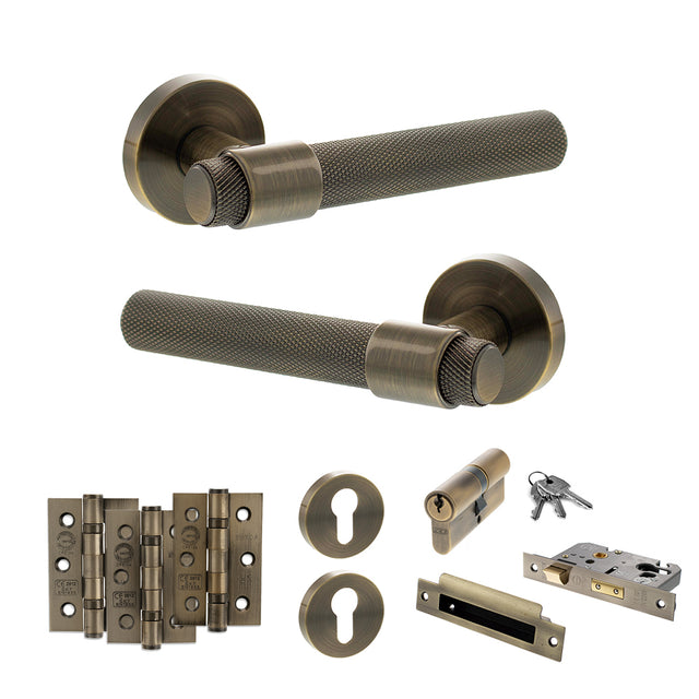 Quality image of Senza Pari Andretta Door Handle Pack (Euro Lock Set - 2.5" CE Sashlock, 3" Fire Rated Hinges x3) - Antique Brass | Sku. adpspr160ab20 | available from Trade Door Handles.