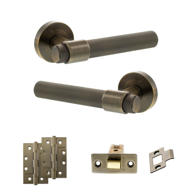 Quality image of Senza Pari Andretta Door Handle Pack (Latch Set - 2.5" CE Latch, 4" Slim Knuckle Hinges x2) - Antique Brass | Sku. adpspr160ab5 | available from Trade Door Handles.