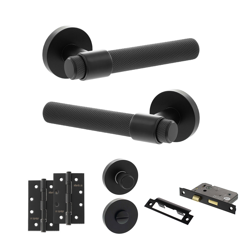 Quality image of Senza Pari Andretta Door Handle Pack (Bathroom Set - 2.5" CE Bathroom Lock, 4" Slim Knuckle Hinges x2) - Matt Black | Sku. adpspr160mb12 | available from Trade Door Handles.