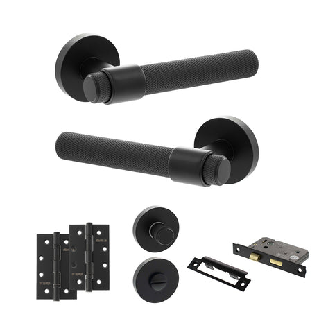 Quality image of Senza Pari Andretta Door Handle Pack (Bathroom Set - 2.5" CE Bathroom Lock, 4" Slim Knuckle Hinges x2) - Matt Black | Sku. adpspr160mb12 | available from Trade Door Handles.