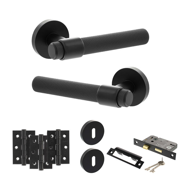 Quality image of Senza Pari Andretta Door Handle Pack (3 Lever Lock Set - 2.5" CE Sashlock, 3" Fire Rated Hinges x3) - Matt Black | Sku. adpspr160mb14 | available from Trade Door Handles.