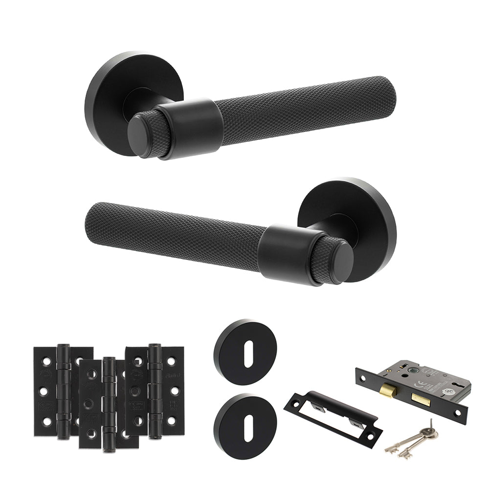 Quality image of Senza Pari Andretta Door Handle Pack (3 Lever Lock Set - 3" CE Sashlock, 3" Fire Rated Hinges x3) - Matt Black | Sku. adpspr160mb15 | available from Trade Door Handles.