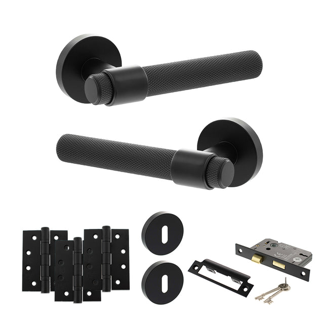 Quality image of Senza Pari Andretta Door Handle Pack (3 Lever Lock Set - 2.5" CE Sashlock, 4" Fire Rated Hinges x3) - Matt Black | Sku. adpspr160mb16 | available from Trade Door Handles.