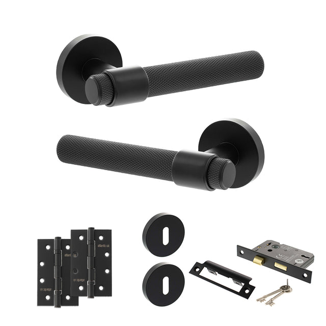 Quality image of Senza Pari Andretta Door Handle Pack (3 Lever Lock Set - 2.5" CE Sashlock, 4" Slim Knuckle Hinges x2) - Matt Black | Sku. adpspr160mb18 | available from Trade Door Handles.