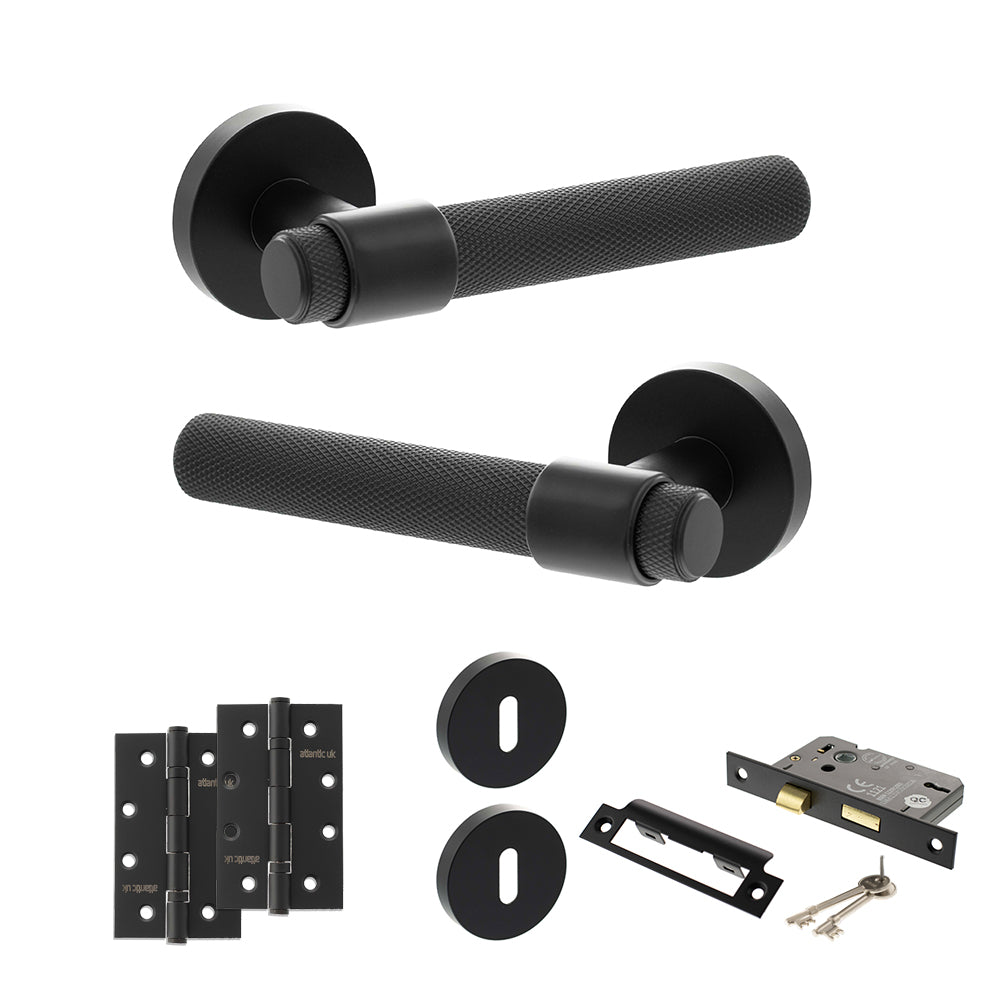 Quality image of Senza Pari Andretta Door Handle Pack (3 Lever Lock Set - 3" CE Sashlock, 4" Slim Knuckle Hinges x2) - Matt Black | Sku. adpspr160mb19 | available from Trade Door Handles.