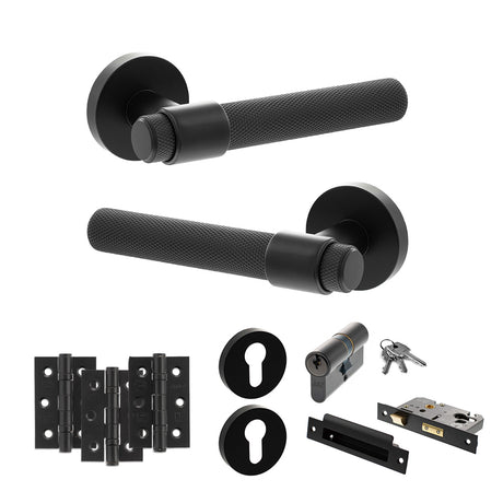 Quality image of Senza Pari Andretta Door Handle Pack (Euro Lock Set - 3" CE Sashlock, 3" Fire Rated Hinges x3) - Matt Black | Sku. adpspr160mb21 | available from Trade Door Handles.