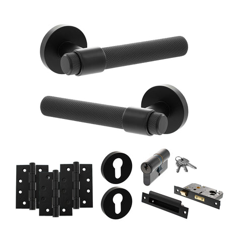 Quality image of Senza Pari Andretta Door Handle Pack (Euro Lock Set - 2.5" CE Sashlock, 4" Fire Rated Hinges x3) - Matt Black | Sku. adpspr160mb22 | available from Trade Door Handles.
