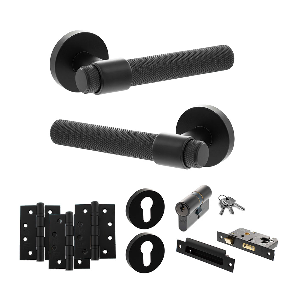 Quality image of Senza Pari Andretta Door Handle Pack (Euro Lock Set - 3" CE Sashlock, 4" Fire Rated Hinges x3) - Matt Black | Sku. adpspr160mb23 | available from Trade Door Handles.