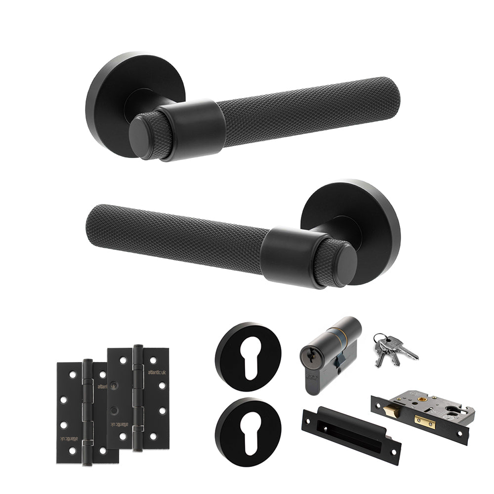 Quality image of Senza Pari Andretta Door Handle Pack (Euro Lock Set - 2.5" CE Sashlock, 4" Slim Knuckle Hinges x2) - Matt Black | Sku. adpspr160mb24 | available from Trade Door Handles.