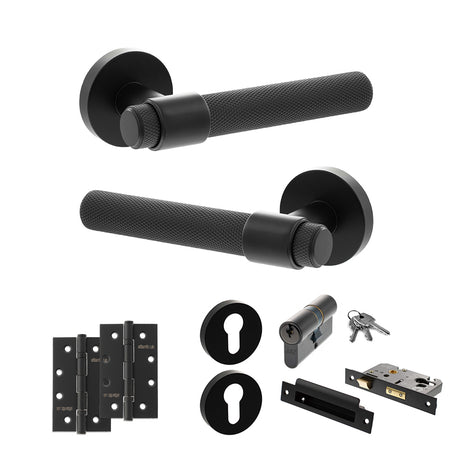 Quality image of Senza Pari Andretta Door Handle Pack (Euro Lock Set - 3" CE Sashlock, 4" Slim Knuckle Hinges x2) - Matt Black | Sku. adpspr160mb25 | available from Trade Door Handles.