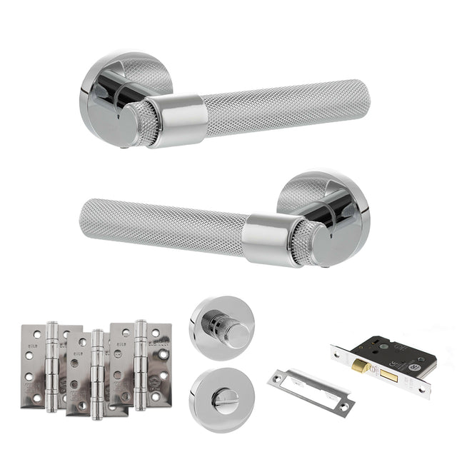 Quality image of Senza Pari Andretta Door Handle Pack (Bathroom Set - 3" CE Bathroom Lock, 4" Fire Rated Hinges x3) - Polished Chrome | Sku. adpspr160pc11 | available from Trade Door Handles.