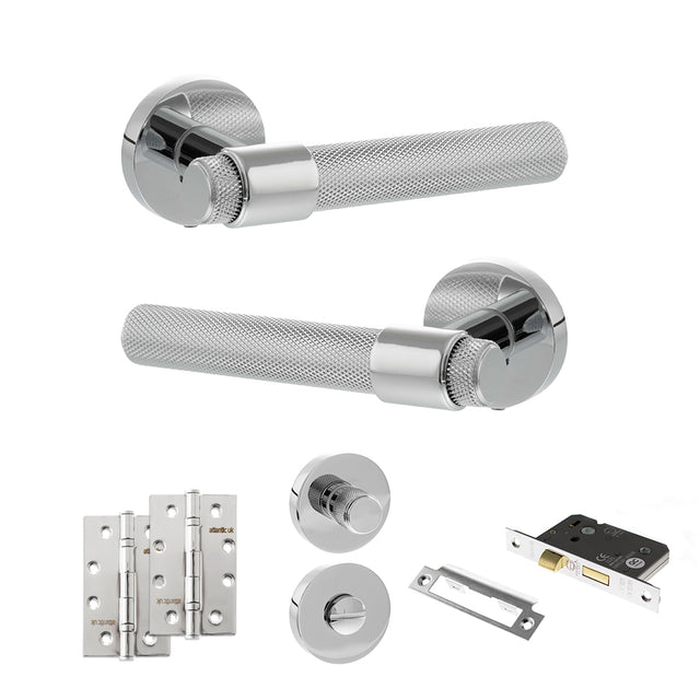 Quality image of Senza Pari Andretta Door Handle Pack (Bathroom Set - 3" CE Bathroom Lock, 4" Slim Knuckle Hinges x2) - Polished Chrome | Sku. adpspr160pc13 | available from Trade Door Handles.