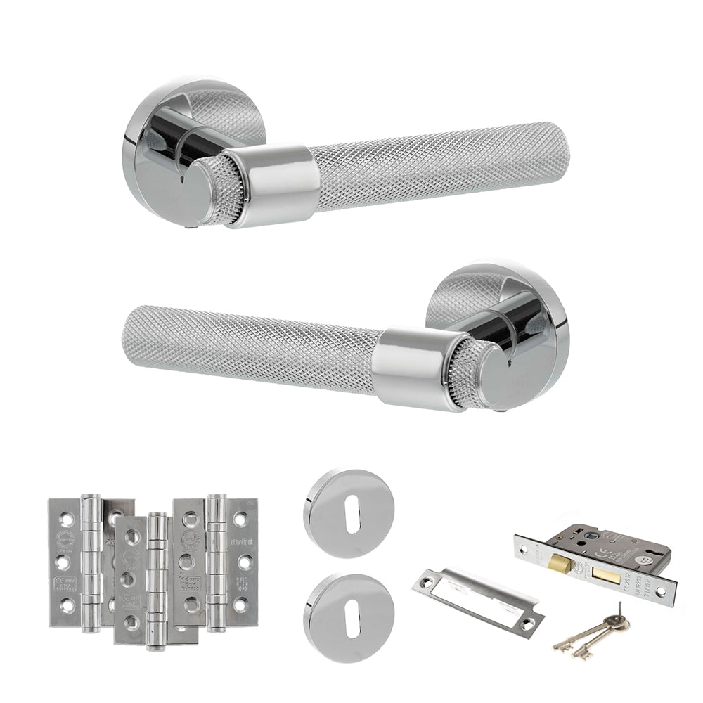 Quality image of Senza Pari Andretta Door Handle Pack (3 Lever Lock Set - 2.5" CE Sashlock, 3" Fire Rated Hinges x3) - Polished Chrome | Sku. adpspr160pc14 | available from Trade Door Handles.