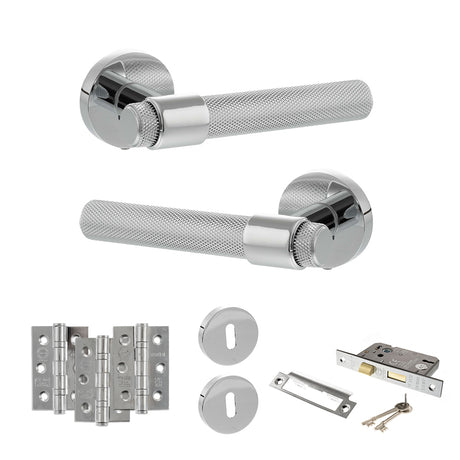 Quality image of Senza Pari Andretta Door Handle Pack (3 Lever Lock Set - 2.5" CE Sashlock, 3" Fire Rated Hinges x3) - Polished Chrome | Sku. adpspr160pc14 | available from Trade Door Handles.