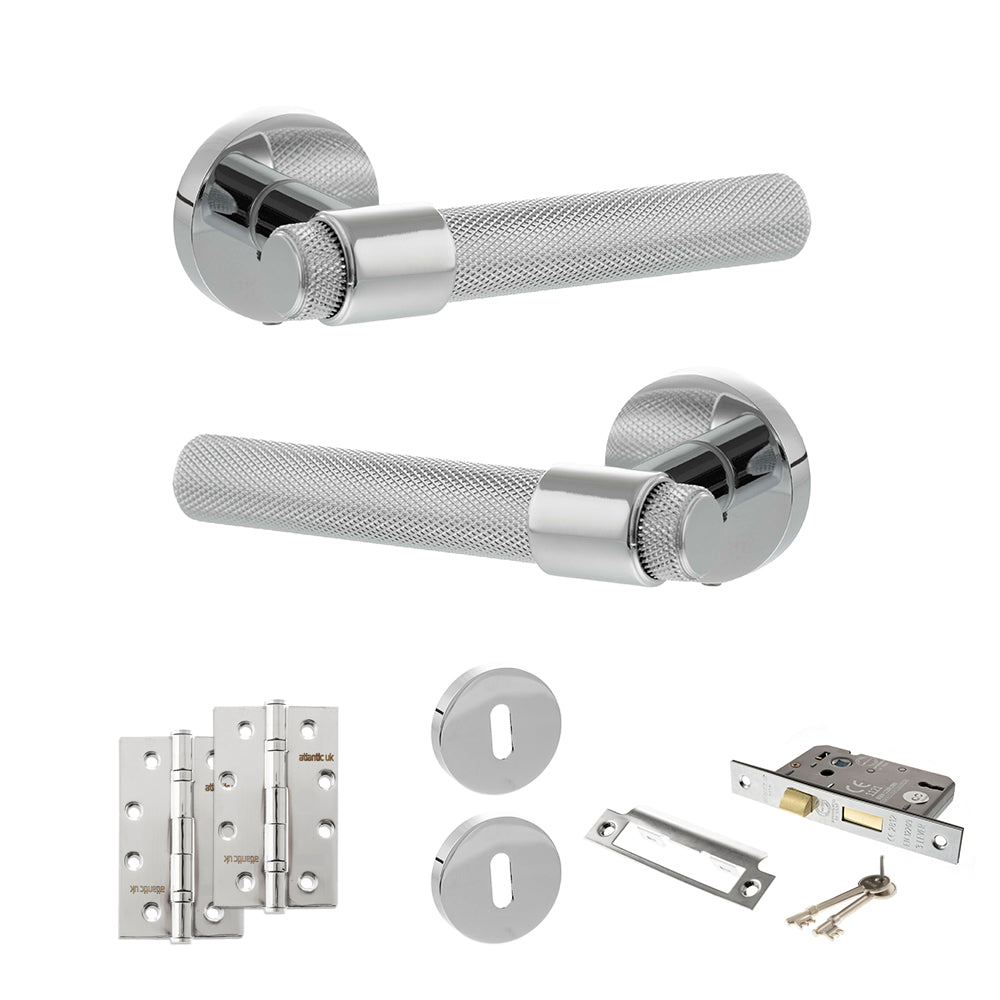 Quality image of Senza Pari Andretta Door Handle Pack (3 Lever Lock Set - 3" CE Sashlock, 4" Slim Knuckle Hinges x2) - Polished Chrome | Sku. adpspr160pc19 | available from Trade Door Handles.