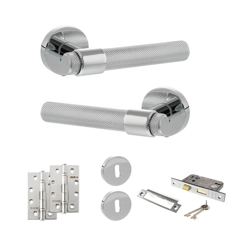 Quality image of Senza Pari Andretta Door Handle Pack (3 Lever Lock Set - 3" CE Sashlock, 4" Slim Knuckle Hinges x2) - Polished Chrome | Sku. adpspr160pc19 | available from Trade Door Handles.