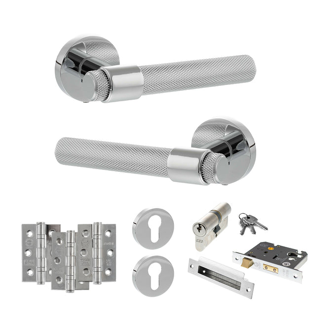 Quality image of Senza Pari Andretta Door Handle Pack (Euro Lock Set - 3" CE Sashlock, 3" Fire Rated Hinges x3) - Polished Chrome | Sku. adpspr160pc21 | available from Trade Door Handles.