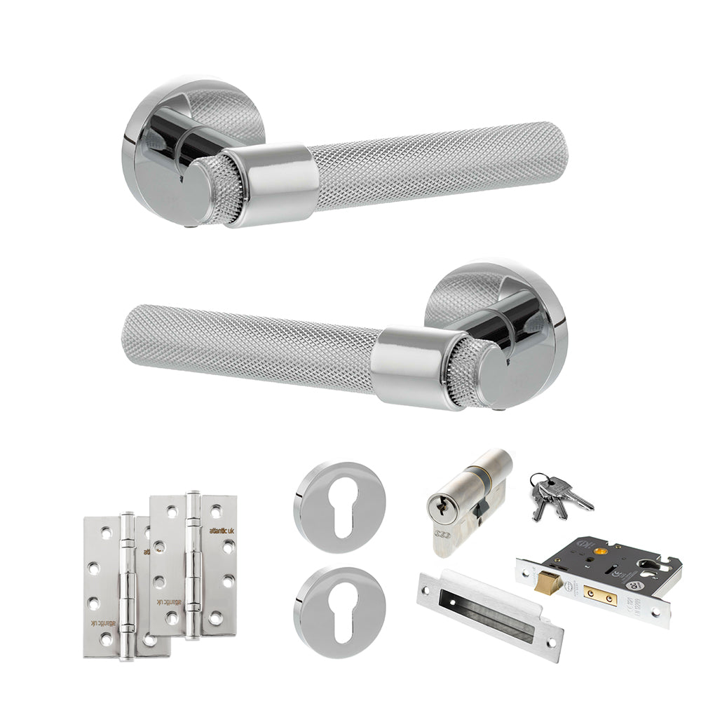Quality image of Senza Pari Andretta Door Handle Pack (Euro Lock Set - 2.5" CE Sashlock, 4" Slim Knuckle Hinges x2) - Polished Chrome | Sku. adpspr160pc24 | available from Trade Door Handles.