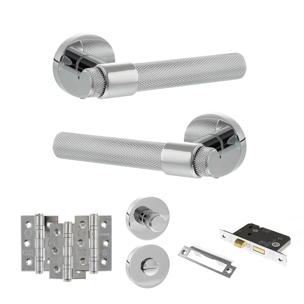Quality image of Senza Pari Andretta Door Handle Pack (Bathroom Set - 2.5" CE Bathroom Lock, 3" Fire Rated Hinges x3) - Polished Chrome | Sku. adpspr160pc8 | available from Trade Door Handles.