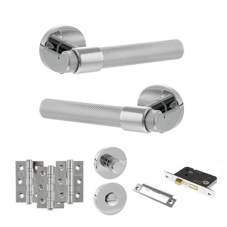 Quality image of Senza Pari Andretta Door Handle Pack (Bathroom Set - 2.5" CE Bathroom Lock, 3" Fire Rated Hinges x3) - Polished Chrome | Sku. adpspr160pc8 | available from Trade Door Handles.