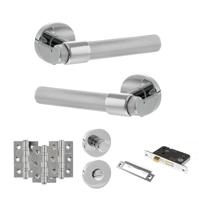 Quality image of Senza Pari Andretta Door Handle Pack (Bathroom Set - 2.5" CE Bathroom Lock, 3" Fire Rated Hinges x3) - Polished Chrome | Sku. adpspr160pc8 | available from Trade Door Handles.