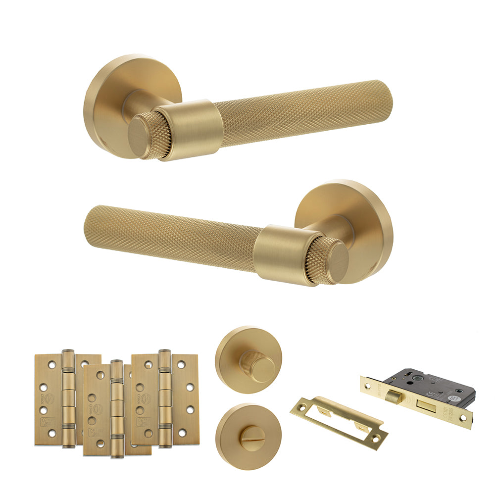 Quality image of Senza Pari Andretta Door Handle Pack (Bathroom Set - 3" CE Bathroom Lock, 4" Fire Rated Hinges x3) - Satin Brass | Sku. adpspr160sb11 | available from Trade Door Handles.
