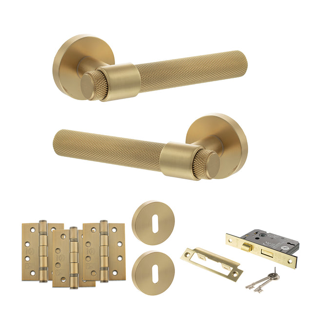 Quality image of Senza Pari Andretta Door Handle Pack (3 Lever Lock Set - 2.5" CE Sashlock, 4" Fire Rated Hinges x3) - Satin Brass | Sku. adpspr160sb16 | available from Trade Door Handles.