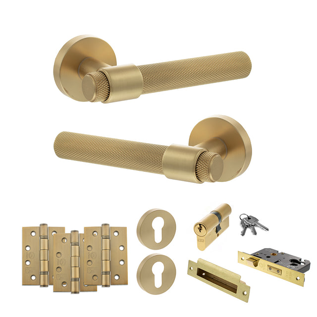 Quality image of Senza Pari Andretta Door Handle Pack (Euro Lock Set - 2.5" CE Sashlock, 4" Fire Rated Hinges x3) - Satin Brass | Sku. adpspr160sb22 | available from Trade Door Handles.