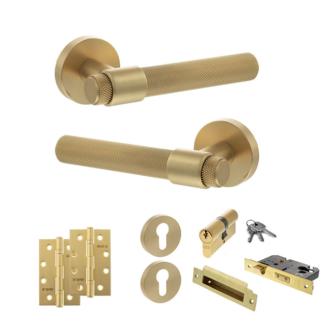 Quality image of Senza Pari Andretta Door Handle Pack (Euro Lock Set - 2.5" CE Sashlock, 4" Slim Knuckle Hinges x2) - Satin Brass | Sku. adpspr160sb24 | available from Trade Door Handles.