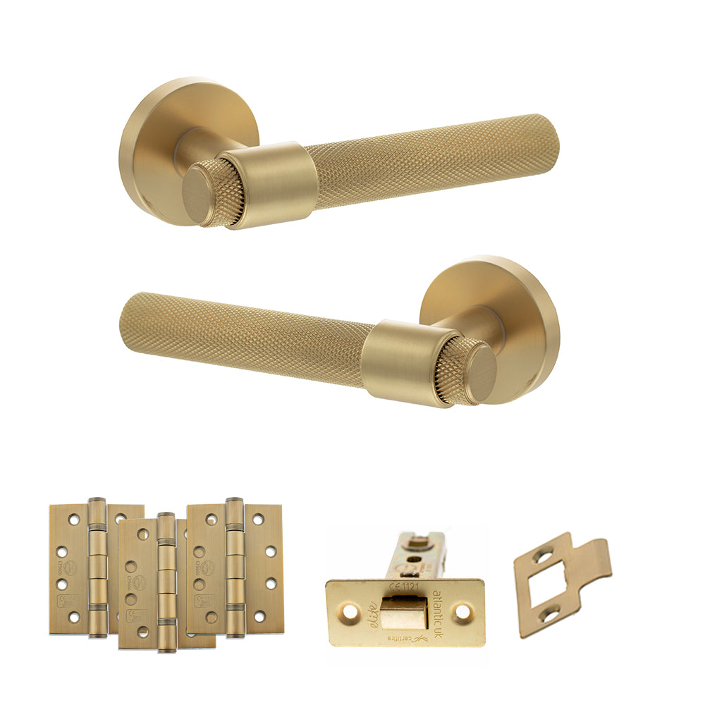 Quality image of Senza Pari Andretta Door Handle Pack (Latch Set - 2.5" CE Latch, 4" Fire Rated Hinges x3) - Satin Brass | Sku. adpspr160sb3 | available from Trade Door Handles.