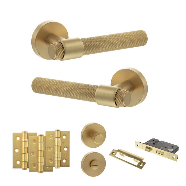 Quality image of Senza Pari Andretta Door Handle Pack (Bathroom Set - 2.5" CE Bathroom Lock, 3" Fire Rated Hinges x3) - Satin Brass | Sku. adpspr160sb8 | available from Trade Door Handles.