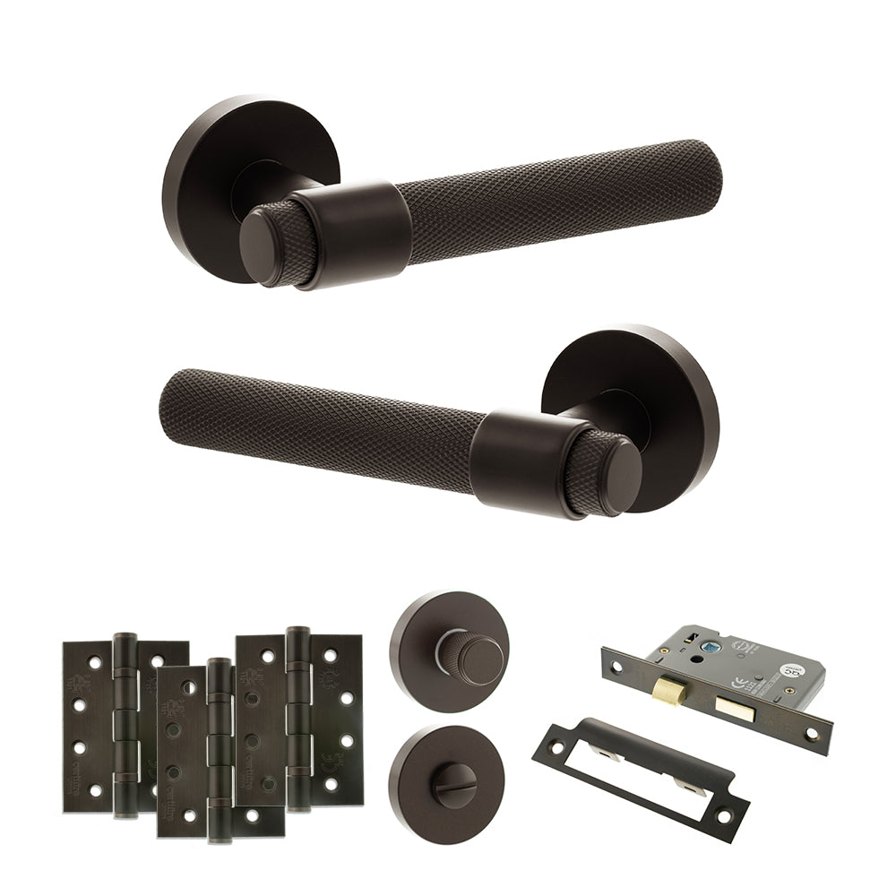 Quality image of Senza Pari Andretta Door Handle Pack (Bathroom Set - 3" CE Bathroom Lock, 4" Fire Rated Hinges x3) - Urban Dark Bronze | Sku. adpspr160udb11 | available from Trade Door Handles.