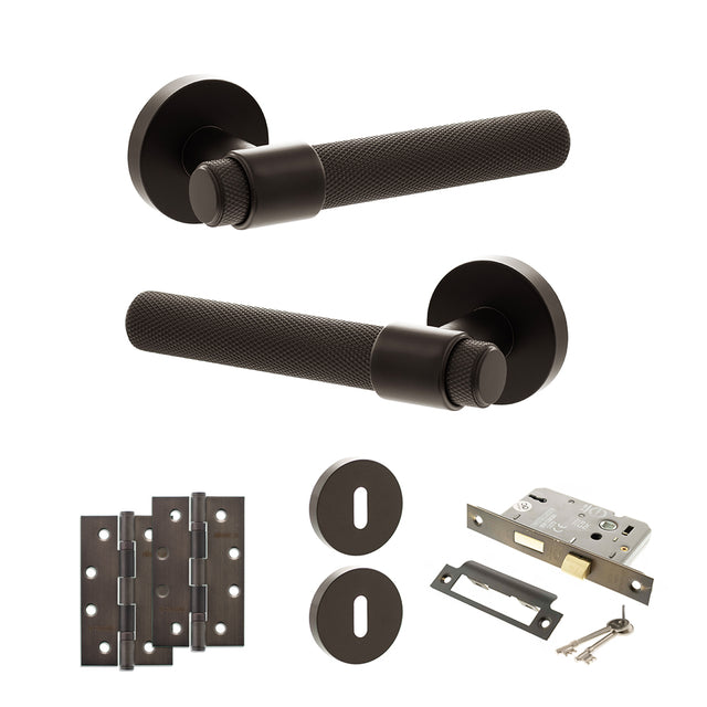 Quality image of Senza Pari Andretta Door Handle Pack (3 Lever Lock Set - 3" CE Sashlock, 4" Slim Knuckle Hinges x2) - Urban Dark Bronze | Sku. adpspr160udb19 | available from Trade Door Handles.
