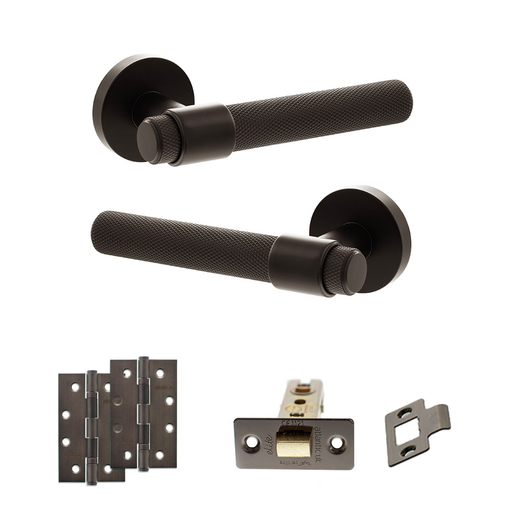Quality image of Senza Pari Andretta Door Handle Pack (Latch Set - 2.5" CE Latch, 4" Slim Knuckle Hinges x2) - Urban Dark Bronze | Sku. adpspr160udb5 | available from Trade Door Handles.