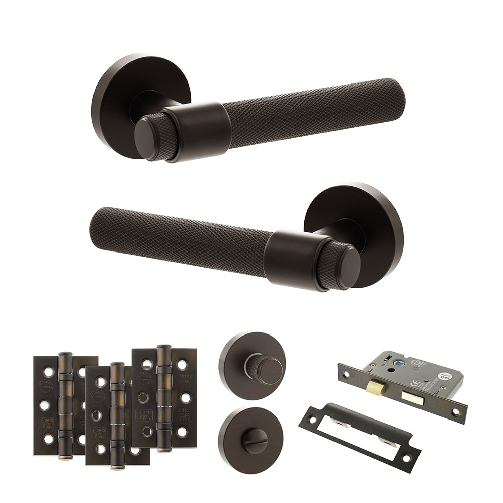 Quality image of Senza Pari Andretta Door Handle Pack (Bathroom Set - 2.5" CE Bathroom Lock, 3" Fire Rated Hinges x3) - Urban Dark Bronze | Sku. adpspr160udb8 | available from Trade Door Handles.