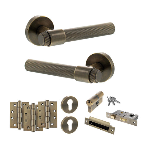 Quality image of Senza Pari Fasana Door Handle Pack (Euro Lock Set - 2.5" CE Sashlock, 4" Fire Rated Hinges x3) - Antique Brass | Sku. adpspr165ab22 | available from Trade Door Handles.