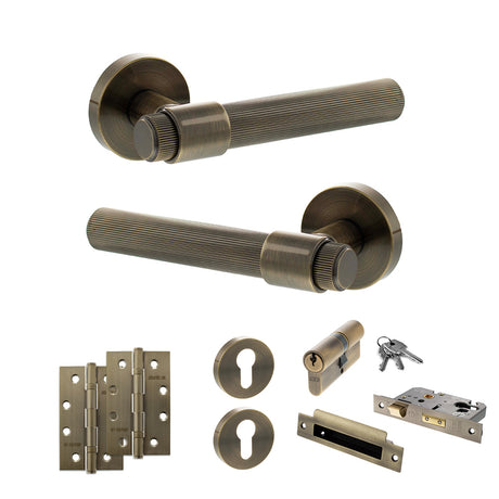 Quality image of Senza Pari Fasana Door Handle Pack (Euro Lock Set - 2.5" CE Sashlock, 4" Slim Knuckle Hinges x2) - Antique Brass | Sku. adpspr165ab24 | available from Trade Door Handles.