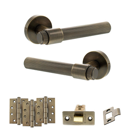 Quality image of Senza Pari Fasana Door Handle Pack (Latch Set - 2.5" CE Latch, 4" Fire Rated Hinges x3) - Antique Brass | Sku. adpspr165ab3 | available from Trade Door Handles.