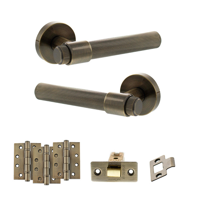 Quality image of Senza Pari Fasana Door Handle Pack (Latch Set - 2.5" CE Latch, 4" Fire Rated Hinges x3) - Antique Brass | Sku. adpspr165ab3 | available from Trade Door Handles.