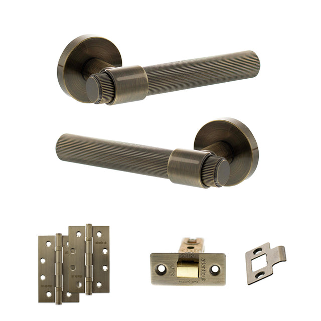 Quality image of Senza Pari Fasana Door Handle Pack (Latch Set - 3" CE Latch, 4" Slim Knuckle Hinges x2) - Antique Brass | Sku. adpspr165ab6 | available from Trade Door Handles.