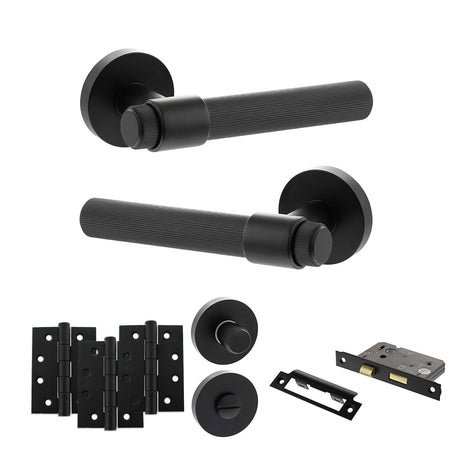 Quality image of Senza Pari Fasana Door Handle Pack (Bathroom Set - 3" CE Bathroom Lock, 4" Fire Rated Hinges x3) - Matt Black | Sku. adpspr165mb11 | available from Trade Door Handles.